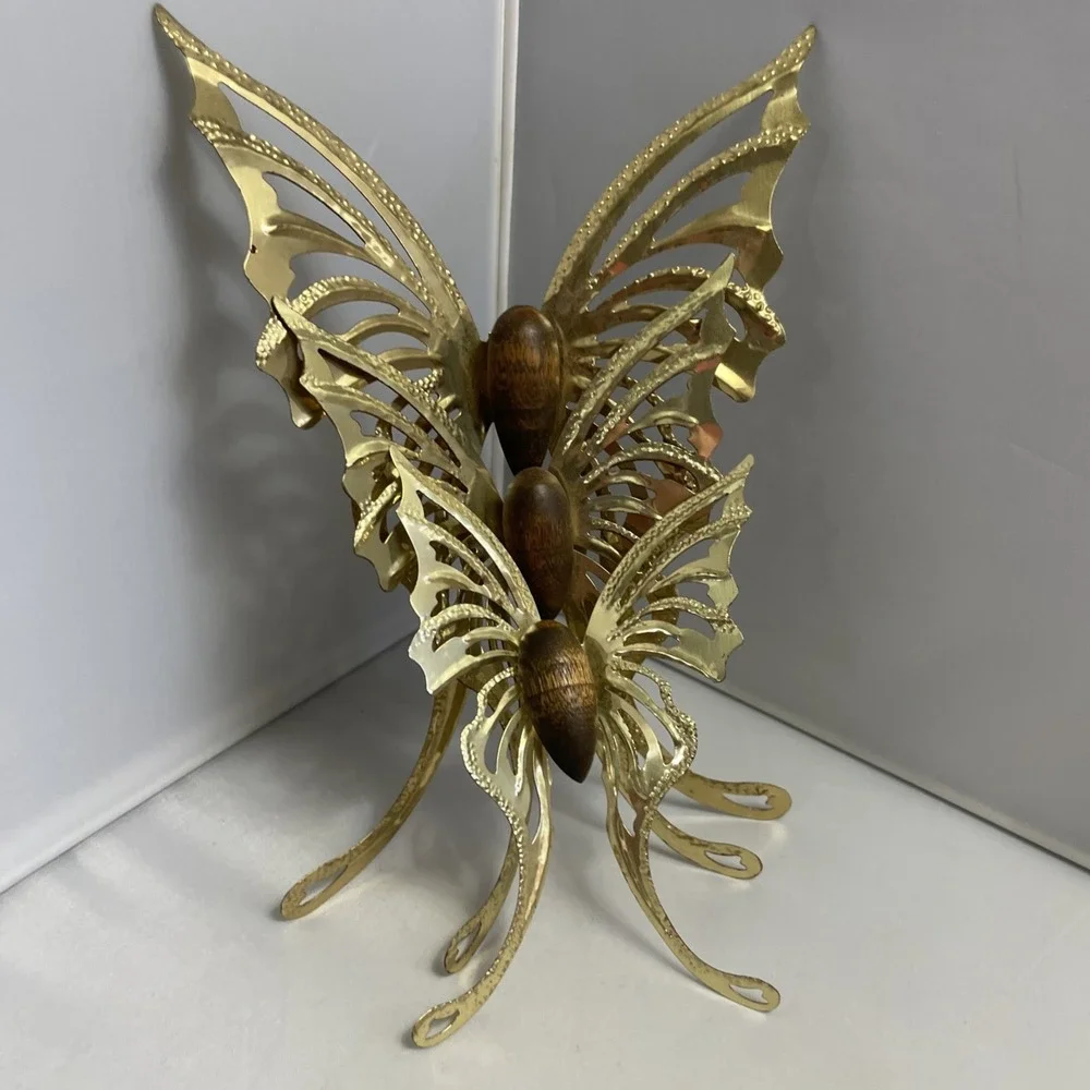 VTG Home Interiors Butterfly Set of 3 Gold & Wood Butterflies Wall Decor HOMCO - Picture 3 of 9